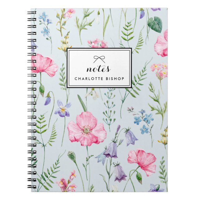 Watercolor Delicate Flowers Foliage Pattern Blue Notebook (Front)