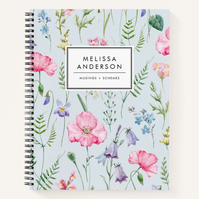 Watercolor Delicate Flowers Foliage Pattern Blue Notebook (Front)