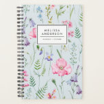 Watercolor Delicate Flowers Foliage Pattern Blue Planner<br><div class="desc">Feminine floral custom planner featuring watercolor floral pattern of pink,  blue and purple flowers and greenery. Personalise by adding your name or short phrase. This  elegant floral planner will be perfect as a personalised gift. Matching items are available.</div>