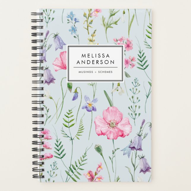Watercolor Delicate Flowers Foliage Pattern Blue Planner (Front)
