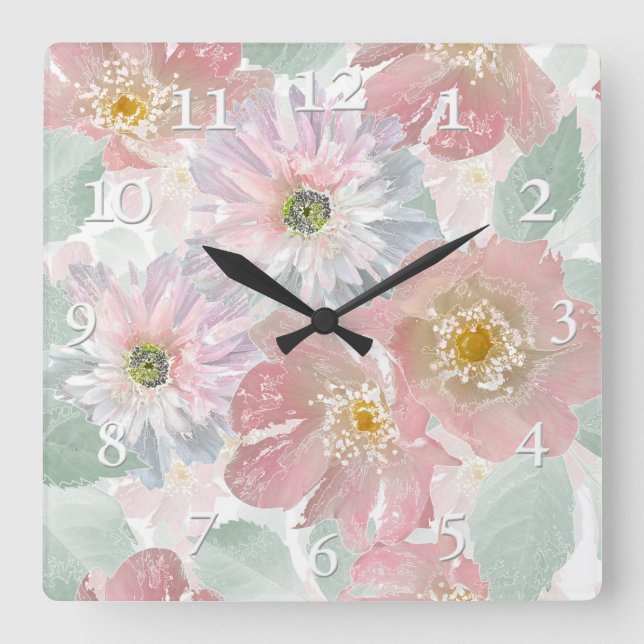 Watercolor delicate flowers.  square wall clock (Front)
