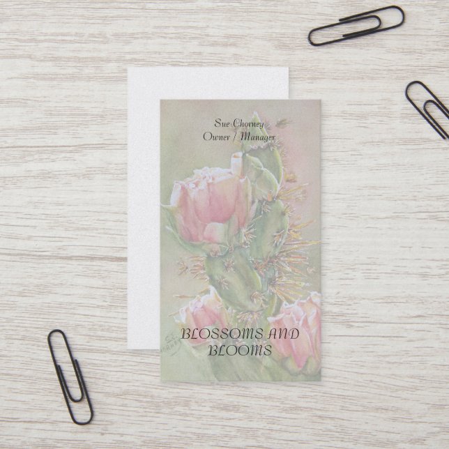 WATERCOLOR DELICATE PEAR CACTUS FLOWER BUSINESS CARD (Front/Back In Situ)