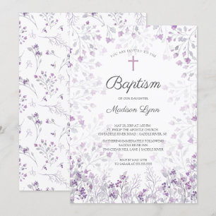 Watercolor Delicate Purple Flowers Baptism Invitation