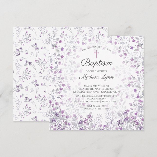 Watercolor Delicate Purple Flowers Baptism Invitation (Front/Back)