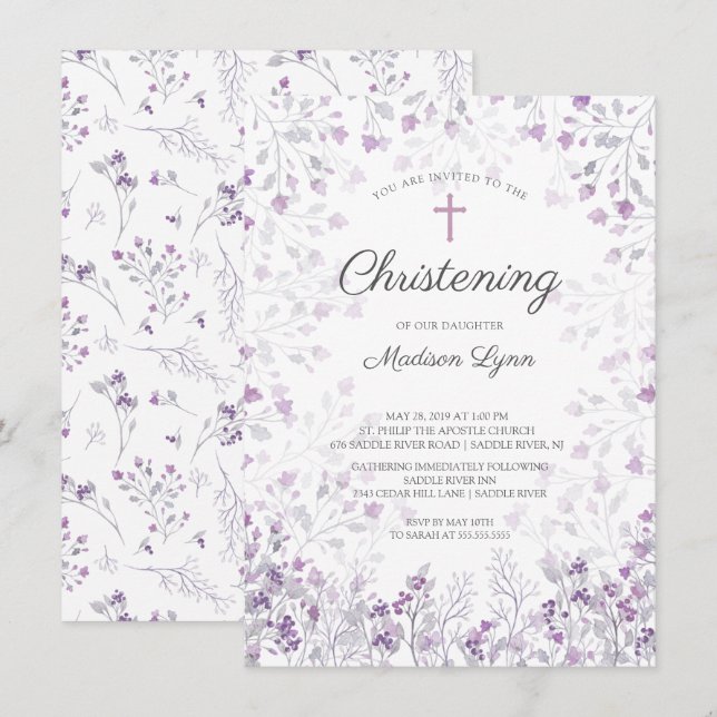 Watercolor Delicate Purple Flowers Christening Invitation (Front/Back)