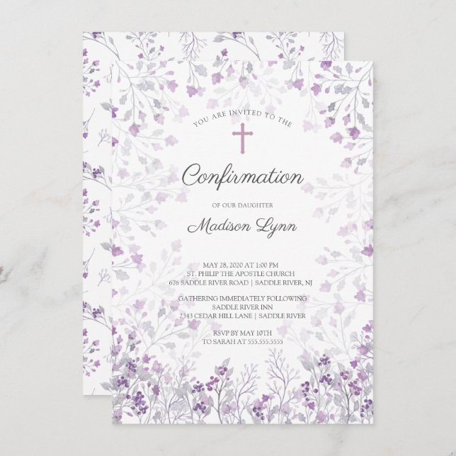 Watercolor Delicate Purple Flowers Confirmation Invitation (Front/Back)