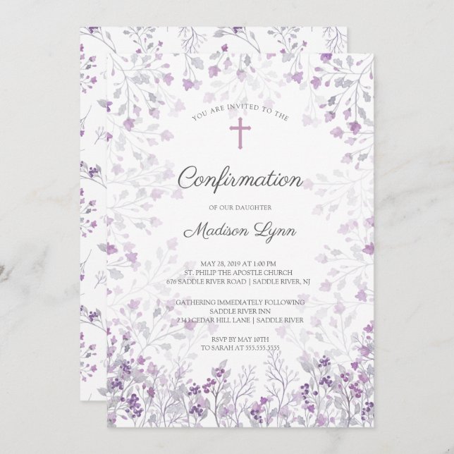 Watercolor Delicate Purple Flowers Confirmation Invitation (Front/Back)