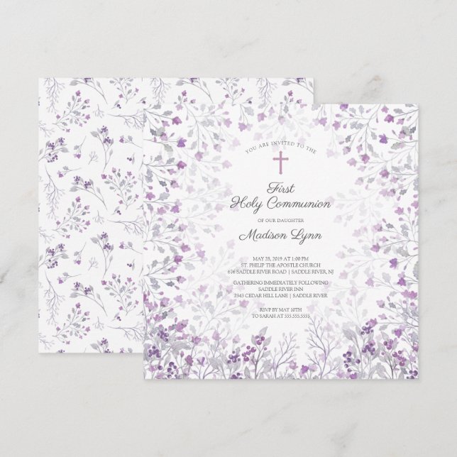 Watercolor Delicate Purple Flowers First Communion Invitation (Front/Back)