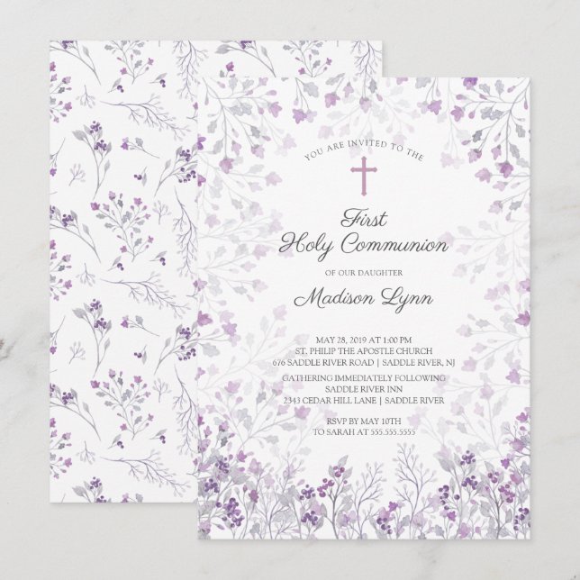 Watercolor Delicate Purple Flowers First Communion Invitation (Front/Back)