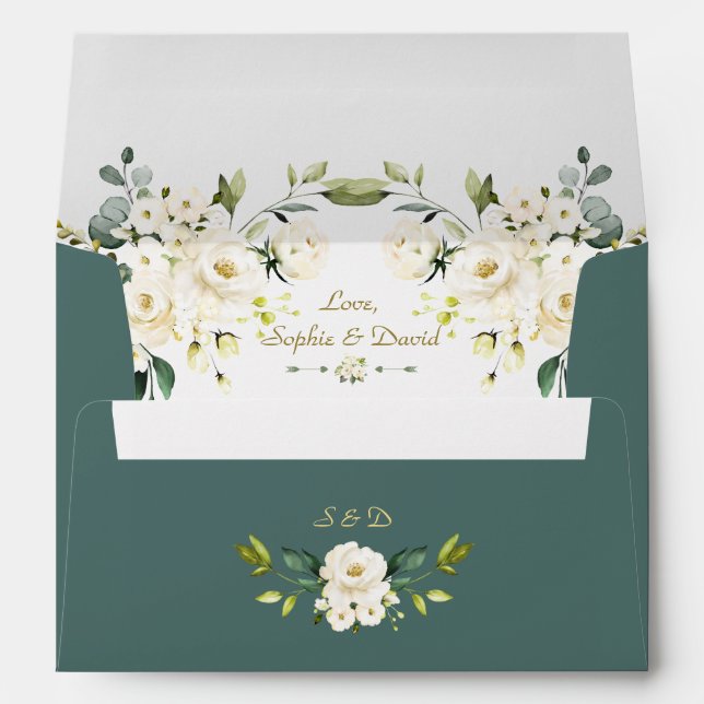 Watercolor Delicate White Floral Bloom Wedding Envelope (Back (Bottom))
