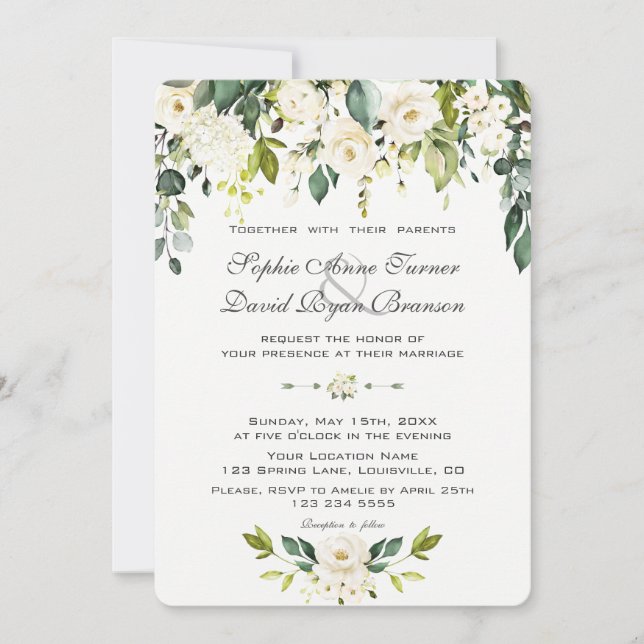 Watercolor Delicate White Floral Bloom Wedding Invitation (Front)