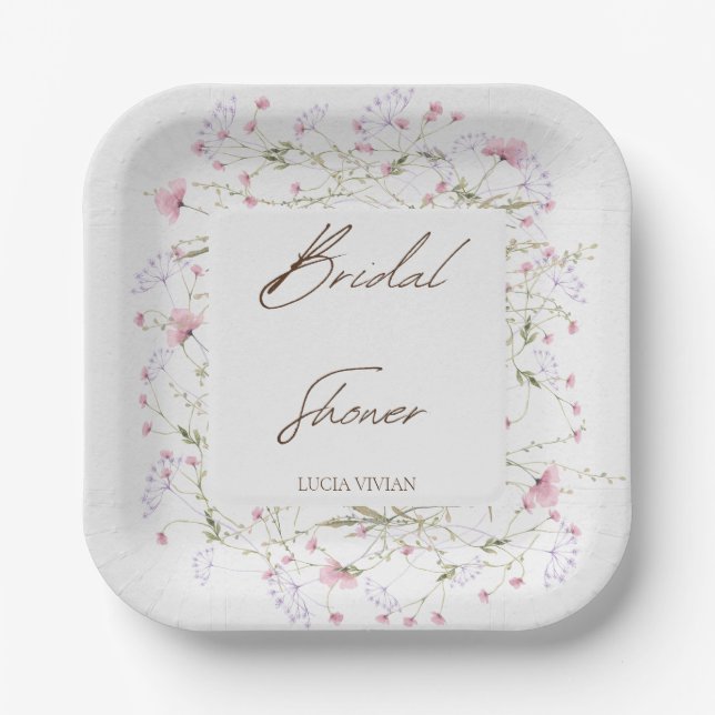Watercolor Delicate Wildflower Bridal Shower Paper Plate (Front)