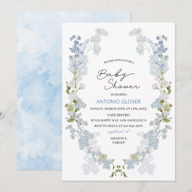 Watercolor Delphinium blue flowers  baby Shower Invitation (Front/Back)