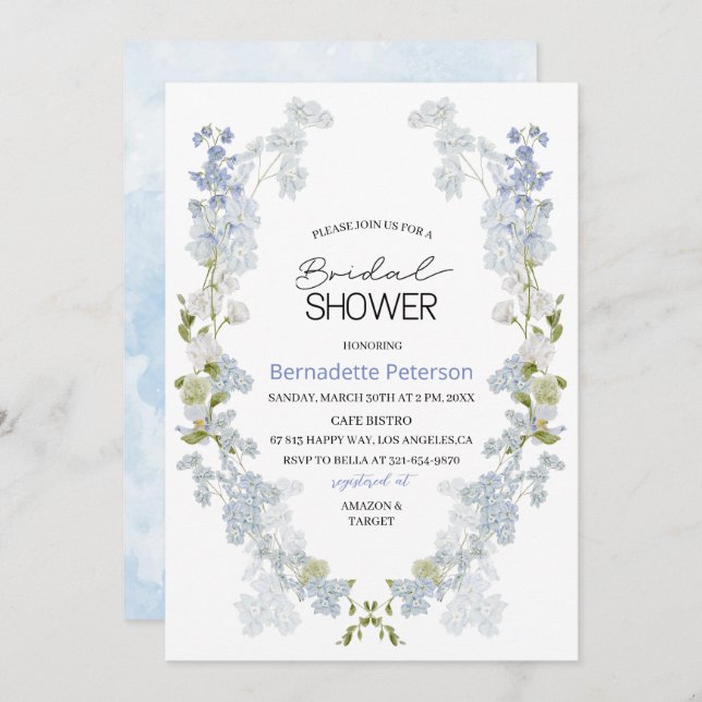 Watercolor Delphinium blue flowers  Bridal Shower Invitation (Front/Back)
