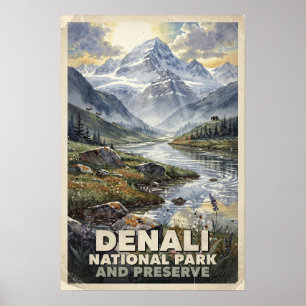 Watercolor Denali National Park and Preserve Retro Poster