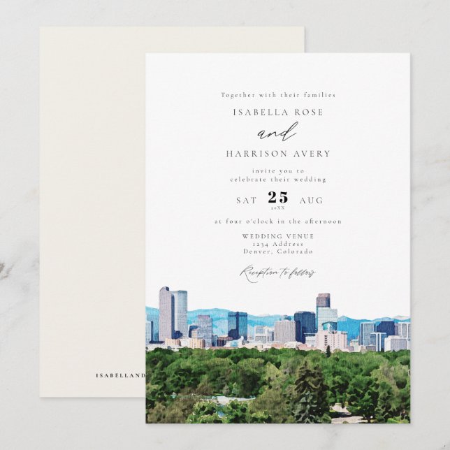 Watercolor Denver Colorado Skyline Wedding Invitation (Front/Back)