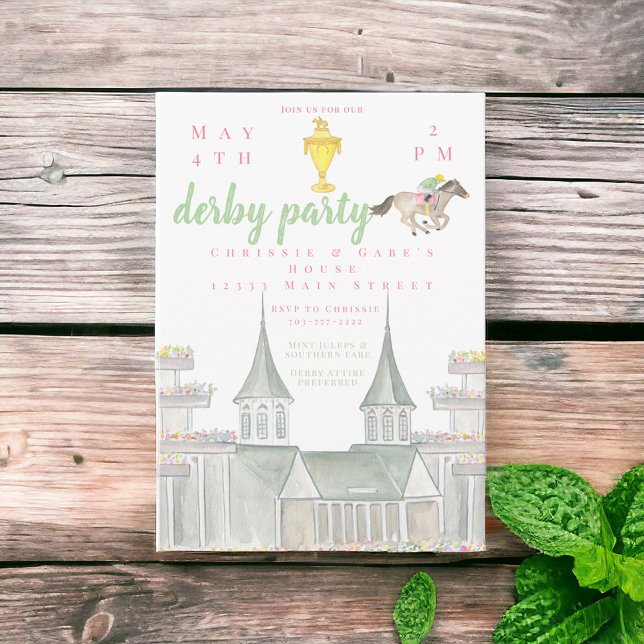 Watercolor Derby Party Jockey Building Gold Trophy Invitation (Creator Uploaded)