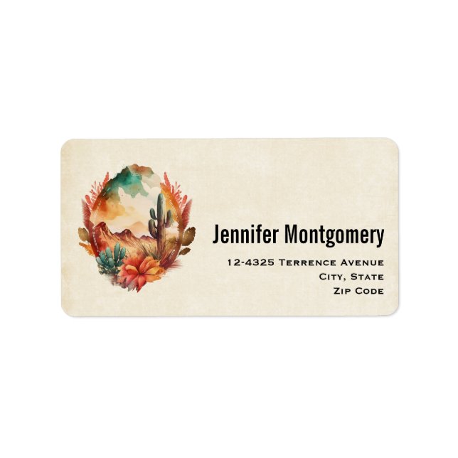 Watercolor Desert Cactus and Mountains Address Label (Front)