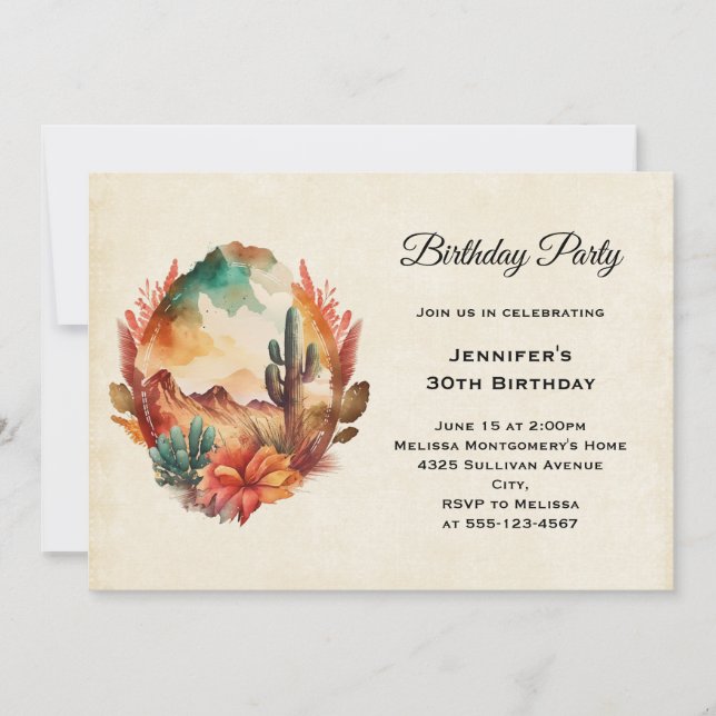Watercolor Desert Cactus and Mountains Birthday Invitation (Front)