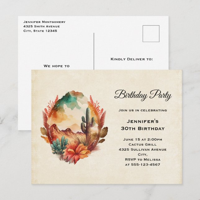 Watercolor Desert Cactus and Mountains Birthday Invitation Postcard (Front/Back)