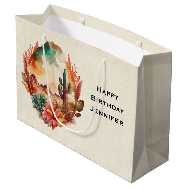 Watercolor Desert Cactus and Mountains Birthday Large Gift Bag (Back Angled)