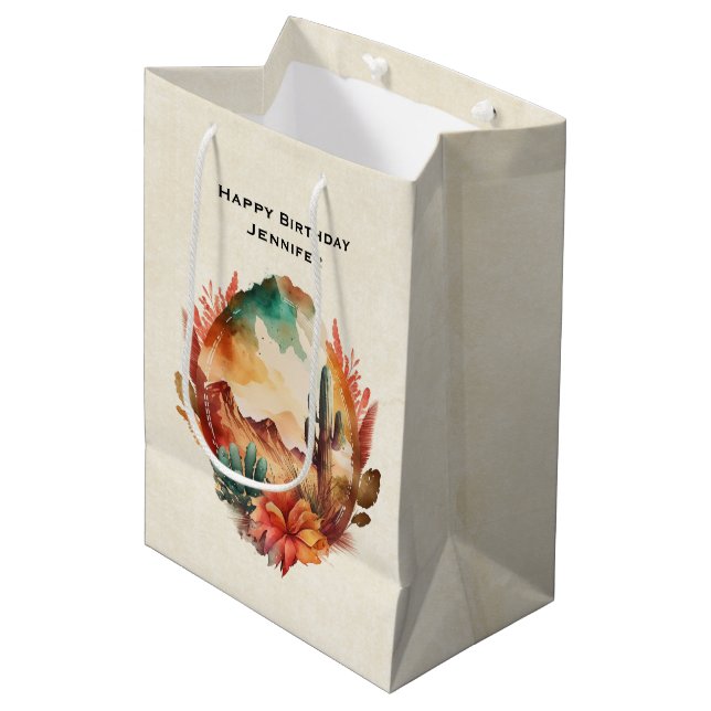 Watercolor Desert Cactus and Mountains Birthday Medium Gift Bag (Front Angled)