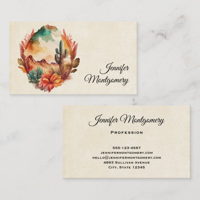 Watercolor Desert Cactus and Mountains Business Card (Front/Back)