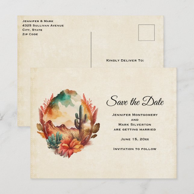 Watercolor Desert Cactus and Mountains Invitation Postcard (Front/Back)