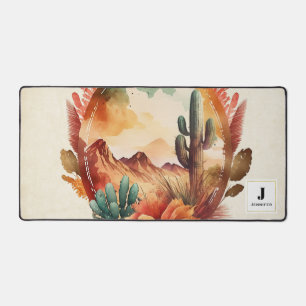 Watercolor Desert Cactus and Mountains Monogram  Desk Mat