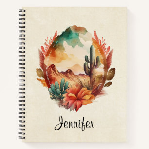 Watercolor Desert Cactus and Mountains Notebook