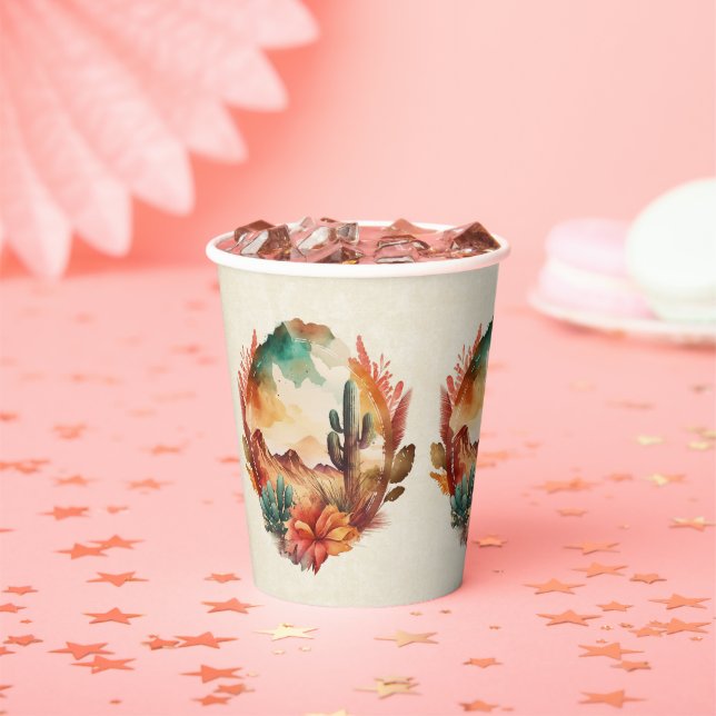 Watercolor Desert Cactus and Mountains Paper Cups (Insitu)