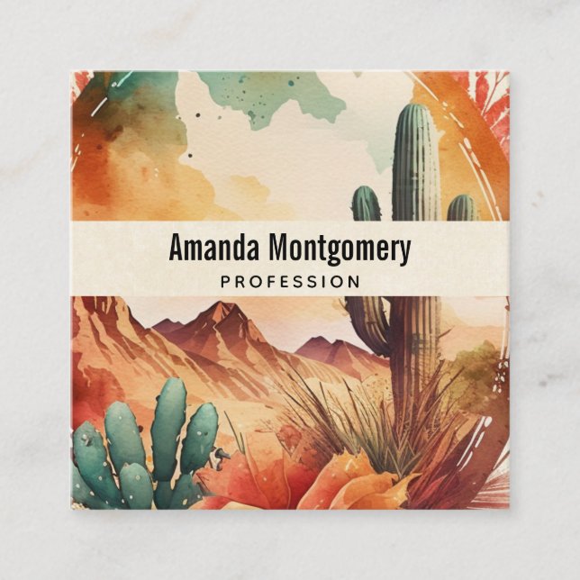 Watercolor Desert Cactus and Mountains Square Business Card (Front)