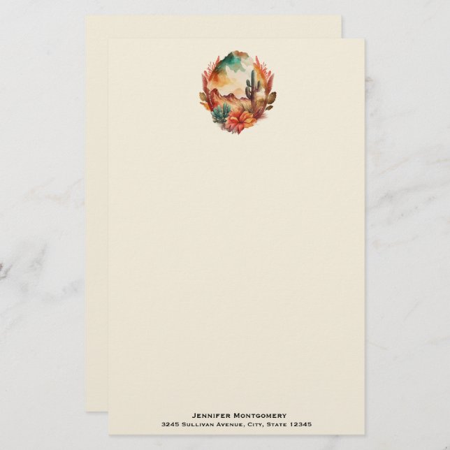 Watercolor Desert Cactus and Mountains Stationery (Front/Back)
