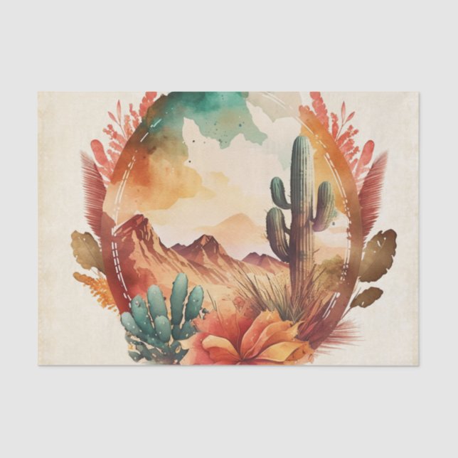 Watercolor Desert Cactus and Mountains Tissue Paper (Front)