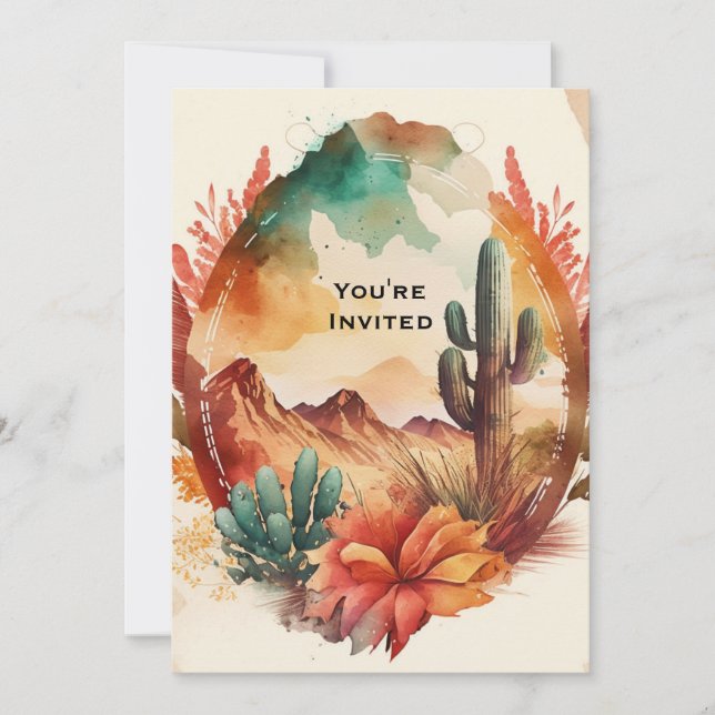 Watercolor Desert Cactus and Mountains Wedding Invitation (Front)