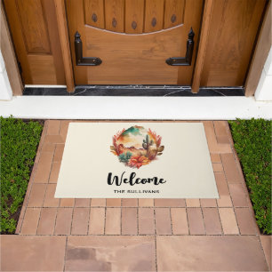 Watercolor Desert Cactus and Mountains Welcome Doormat