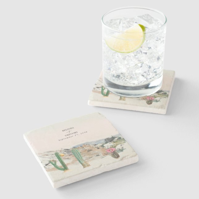 Watercolor Desert Cactus Boho Wedding Stone Coaster (Side)