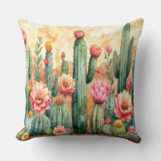 Watercolor Desert Cactus Garden Pillow