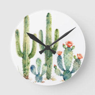 Watercolor Desert Cactus Garden Round Clock