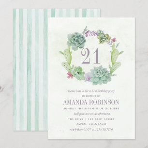 Watercolor Desert Cactus Succulents 21st Birthday Invitation