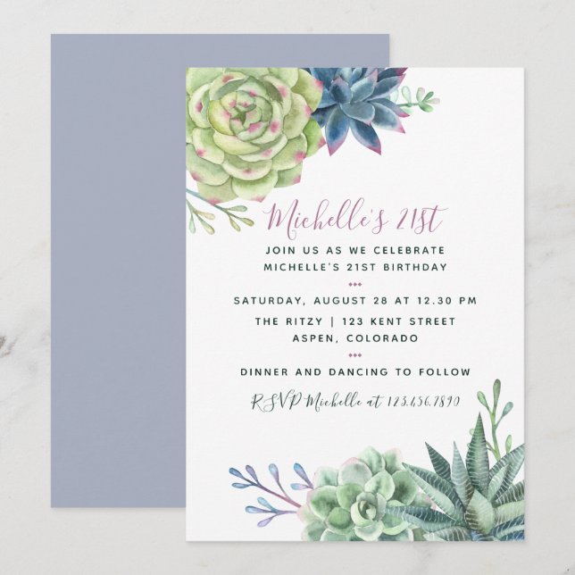 Watercolor Desert Cactus Succulents 21st Birthday Invitation (Front/Back)