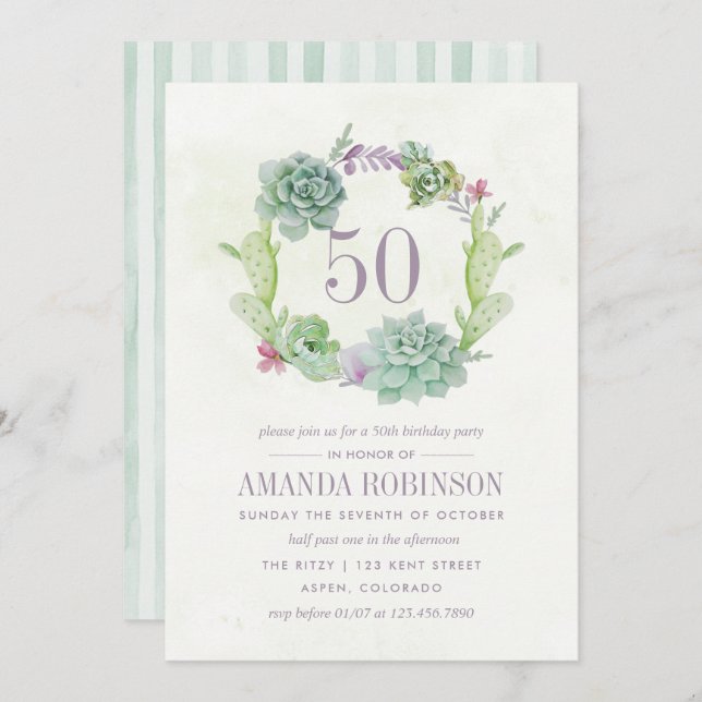 Watercolor Desert Cactus Succulents 50th Birthday Invitation (Front/Back)