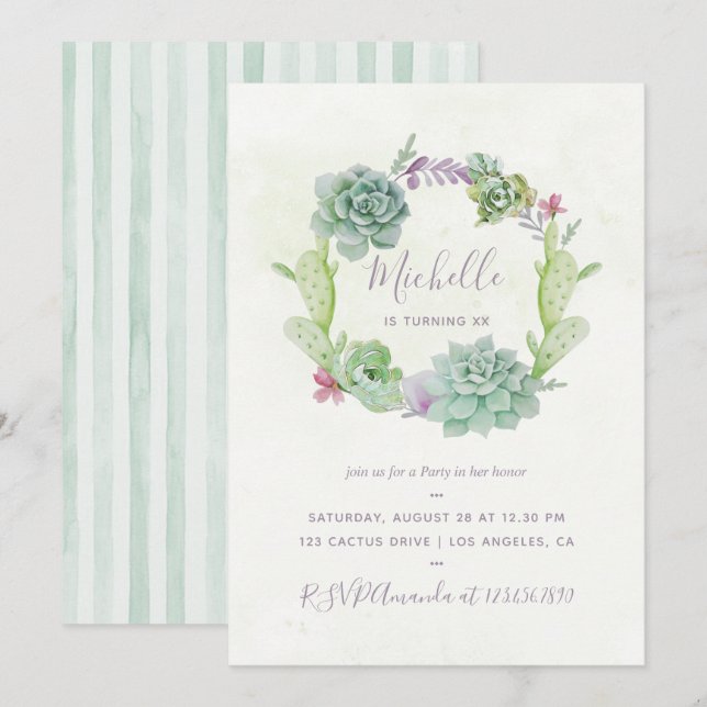 Watercolor Desert Cactus Succulents Birthday Party Invitation (Front/Back)