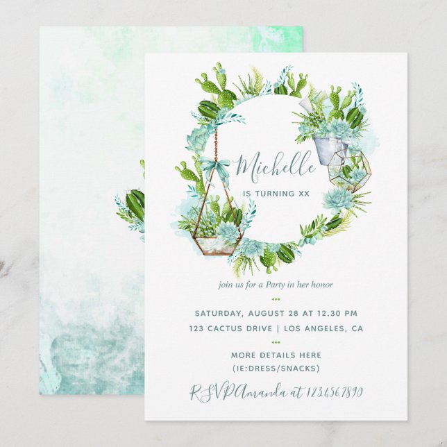 Watercolor Desert Cactus Succulents Birthday Party Invitation (Front/Back)