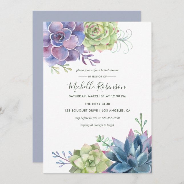 Watercolor Desert Cactus Succulents Bridal Shower  Invitation (Front/Back)