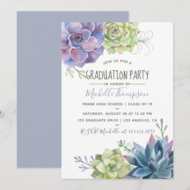 Watercolor Desert Cactus Succulents Graduation Invitation (Front/Back)