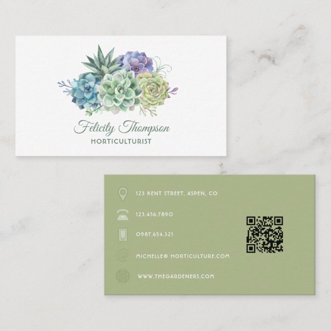 Watercolor Desert Cactus Succulents QR Code Business Card (Front/Back)
