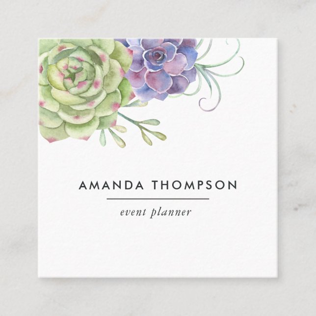 Watercolor Desert Cactus Succulents Square Business Card (Front)
