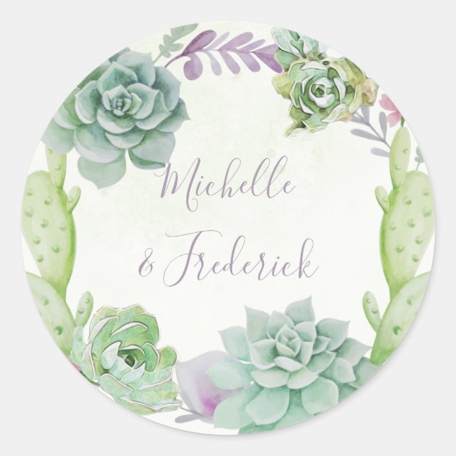 Watercolor Desert Cactus Succulents Wedding Classic Round Sticker (Front)