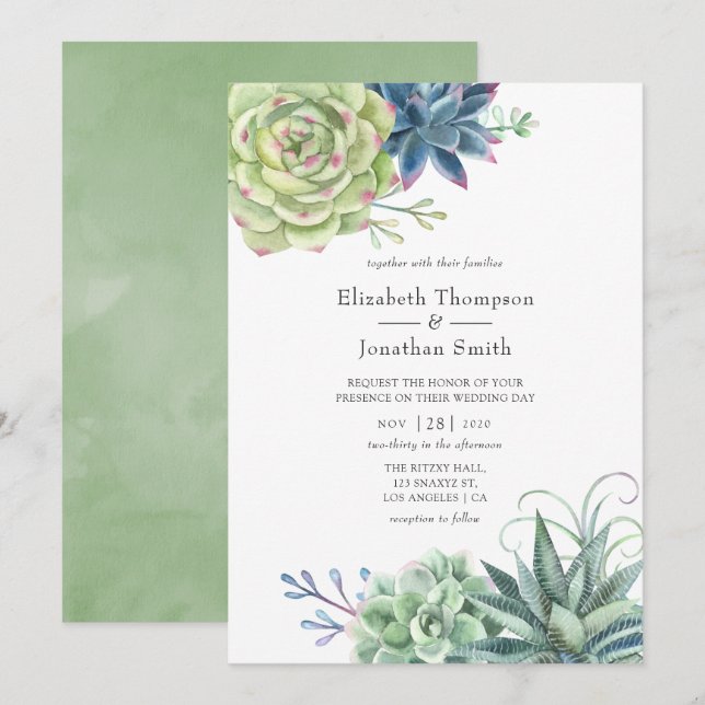 Watercolor Desert Cactus Succulents Wedding Invitation (Front/Back)
